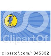 Poster, Art Print Of Cartoon White Male Janitor Worker Vacuuming In A Circle And Blue Rays Background Or Business Card Design