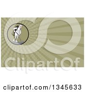 Poster, Art Print Of Cartoon White Male Industrial Janitor Wearing A Biohazard Suit And Vacuuming With A Back Pack And Green Rays Background Or Business Card Design