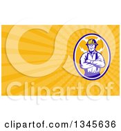 Clipart Of A Retro Male Electrician Or Construction Worker With Folded Arms In An Oval And Yellow Rays Background Or Business Card Design Royalty Free Illustration