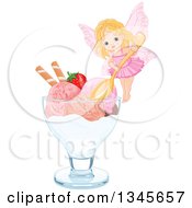 Cute Fairy Girl Holding A Spoon Over A Bowl Of Ice Cream With A Strawberry And Piroette Wafers In A Bowl