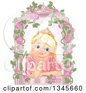 Happy Blond Blue Eyed Caucasian Princess With A Dreamy Expression Resting Her Chin In Her Hand In A Crown Arch Window With Roses