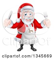 Poster, Art Print Of Happy Christmas Santa Claus Wearing An Apron And Holding Silverware 2