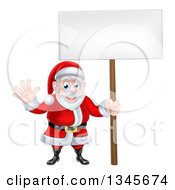 Poster, Art Print Of Cartoon Christmas Santa Claus Waving And Holding A Blank Sign