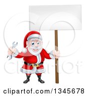 Poster, Art Print Of Happy Christmas Santa Holding A Spanner Wrench And Blank Sign 4