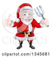 Poster, Art Print Of Cartoon Christmas Santa Holding A Garden Fork And Giving A Thumb Up 2