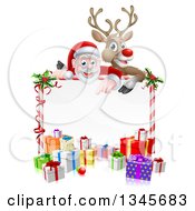 Poster, Art Print Of Cartoon Christmas Red Nosed Reindeer And Santa Over A Blank White Sign And Gifts