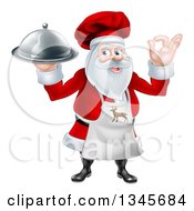 Clipart Of A Happy Christmas Santa Claus Chef Gesturing Ok And Holding A Food Cloche Platter 3 Royalty Free Vector Illustration
