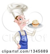 Poster, Art Print Of Snooty White Male Chef With A Curling Mustache Holding A Cupcake On A Tray