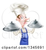 Clipart Of A Snooty White Male Chef With A Curling Mustache Holding Two Silver Cloche Platters Royalty Free Vector Illustration