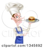 Poster, Art Print Of Snooty White Male Chef With A Curling Mustache Holding A Gourmet Cheeseburger On A Tray And Pointing