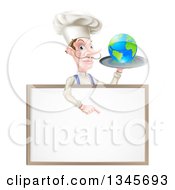 Poster, Art Print Of White Male Chef With A Curling Mustache Holding Earth On A Platter And Pointing Down At A Blank Menu Sign