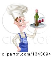 Clipart Of A White Male Chef With A Curling Mustache Holding A Tray With Red Wine Royalty Free Vector Illustration