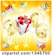 Poster, Art Print Of 3d Gold New Year 2016 With Gifts Over A Starburst