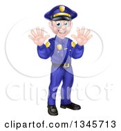 Poster, Art Print Of Cartoon Happy Caucasian Male Police Officer Waving With Both Hands