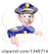 Poster, Art Print Of Cartoon Happy Caucasian Male Police Officer Pointing Down Over A Sign
