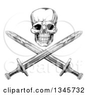 Clipart Of A Black And White Engraved Pirate Skull Over Cross Swords 2 Royalty Free Vector Illustration by AtStockIllustration