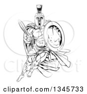 Clipart Of A Black And White Strong Spartan Trojan Warrior Mascot With A Cape Running With A Sword And Shield Royalty Free Vector Illustration by AtStockIllustration