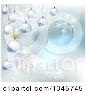 Poster, Art Print Of Christmas Background With 3d Suspended Bauble Ornaments Over Magic Lights And Snowflakes