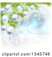Poster, Art Print Of Christmas Background With 3d Bauble Ornaments Suspended From A Tree Over Magic Lights And Snowflakes