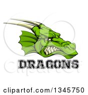 Poster, Art Print Of Snarling Green Horned Dragon Mascot Face With Text