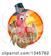 Poster, Art Print Of Pleased Thanksgiving Turkey Bird Wearing A Pilgrim Hat And Giving A Thumb Up And Emerging From A Circle Of Rays 2
