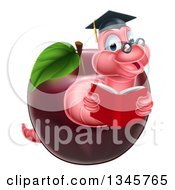Poster, Art Print Of Cartoon Happy Pink Graduate Book Worm Reading In A Red Apple