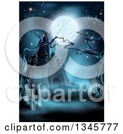 Clipart Of A Full Moon Over A Haunted Halloween Castle And Cemetery With Dead Trees In Blue Tones Royalty Free Vector Illustration