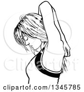 Clipart Of A Black And White Young Woman Facing Left And Stretching Her Neck And Arms Royalty Free Vector Illustration by dero