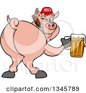 Cartoon Rear View Of A Grinning Pig Looking Back Smoking A Cigar Wearing A Bbq Hat Holding A Beer