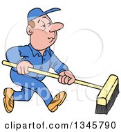 Cartoon White Male Janitor Using A Push Broom