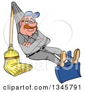 Cartoon Relaxed White Male Janitor Relaxing On A Broom And Dustpan Rigged Like A Hammock
