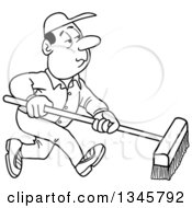 Poster, Art Print Of Cartoon Black And White White Male Janitor Using A Push Broom