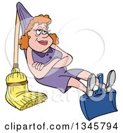 Cartoon White Housewife Relaxing On A Dustpan And Broom That She Rigged Up Like A Hammock