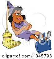 Cartoon Black Housewife Relaxing On A Dustpan And Broom That She Rigged Up Like A Hammock