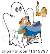 Poster, Art Print Of Cartoon Scared Black Boy Reading A Book Of Spooky Tales On A Ghost Chair With Candle Light