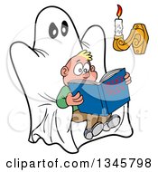 Poster, Art Print Of Cartoon Scared White Boy Reading A Book Of Spooky Tales On A Ghost Chair With Candle Light