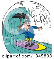 Poster, Art Print Of Cartoon Surfing English Man Holding An Umbrella Under A Wave