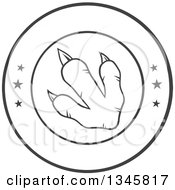 Clipart Of A Black And White Lineart Raptor Dinosaur Foot Print In A Circle With Stars Royalty Free Vector Illustration by Hit Toon