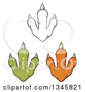 Clipart Of Green Orange And Lineart Raptor Dinosaur Foot Prints Royalty Free Vector Illustration