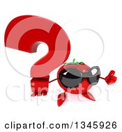 Clipart Of A 3d Tomato Character Wearing Sunglasses Holding Up A Thumb And Question Mark Royalty Free Illustration
