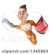 Clipart Of A 3d Young Brunette White Male Super Hero In An Orange Suit Holding A Blood Drop And Flying Royalty Free Illustration by Julos