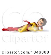 Clipart Of A 3d Brunette White Female Super Hero In A Yellow And Red Suit Resting On Her Side And Presenting Royalty Free Illustration by Julos