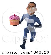 Clipart Of A 3d Young Black Male Super Hero Dark Blue Suit Holding A Cupcake And Sprinting Royalty Free Illustration