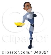 Clipart Of A 3d Full Length Young Black Male Super Hero Dark Blue Suit Holding A Banana And Looking Around A Sign Royalty Free Illustration
