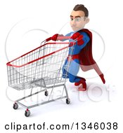 Clipart Of A 3d Young Brunette White Male Super Hero In A Blue And Red Suit Collapsing And Holding Onto A Shopping Cart Royalty Free Illustration