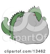 Big Green Dino Hiding Behind A Rock During A Game Of Hide And Seek Clipart Illustration