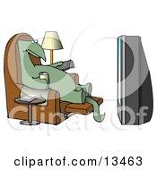 Lazy Dino Drinking A Beer And Holding A Remote Control While Sitting In A Lazy Chair And Watching A Big Projection Tv
