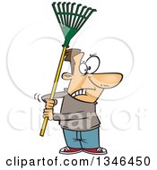 Cartoon Brunette Caucasian Man Ready To Fight With A Rake