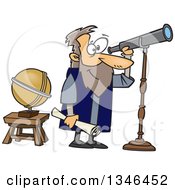 Poster, Art Print Of Cartoon Man Gallileo Looking Through A Telescope