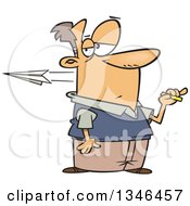 Cartoon Caucasian Male Teacher Holding Chalk While A Paper Airplane Flies By From An Unruly Student